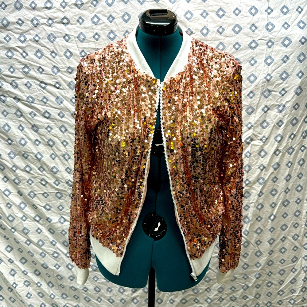 Rose gold sequin zip up jacket L